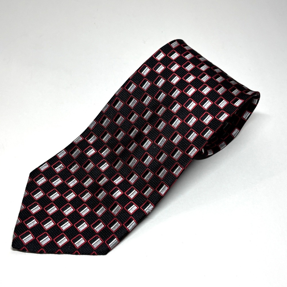 Jos. A. Bank Necktie Mens OS Black Red Geometric Silk Made in Italy Formal Work